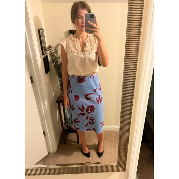 Thakoon Floral Midi Skirt Blue Red Midi Side‎ Slit A-line Elastic Waist Sz 0 - Picture 5 of 14